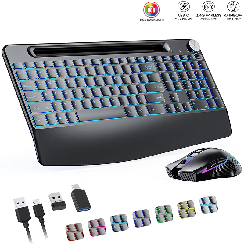 Gaming Keyboard Mouse Combo - ワイヤレスキーボードとマウスのセットCタイプ,リストレスト付き,RGBバックライト,PC,ラップトップ,ウィンドウ,ジグラー用の充電式サイレントセット,2.4g