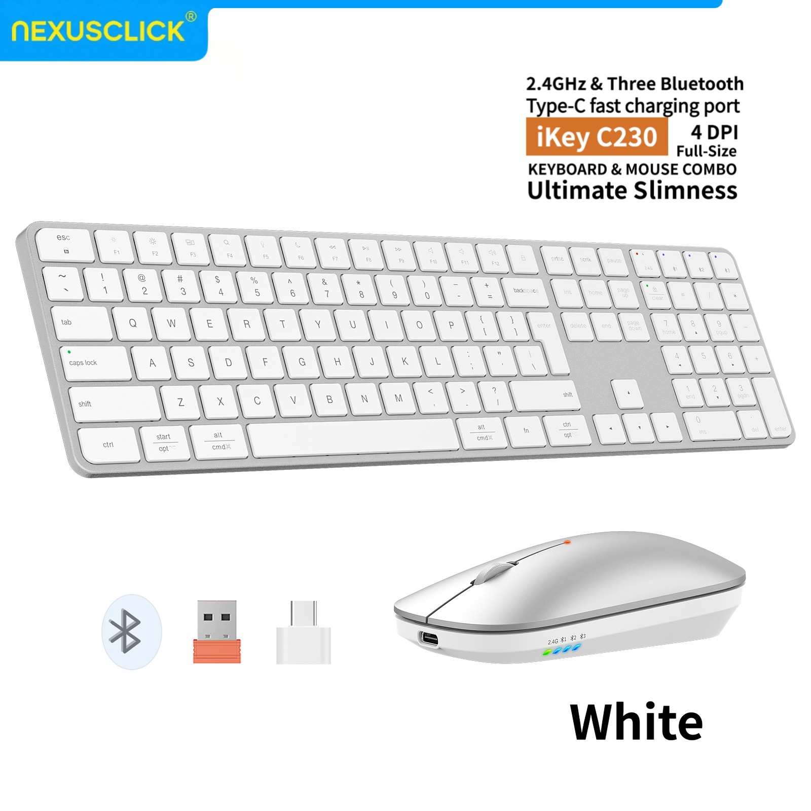 Gaming Keyboard Mouse Combo - NexusClick 充電式ワイヤレスキーボード・マウスコンボ、4チャンネル2.4G BT接続、スリムで静かなキー、Macオフィス向け調整可能なDPI