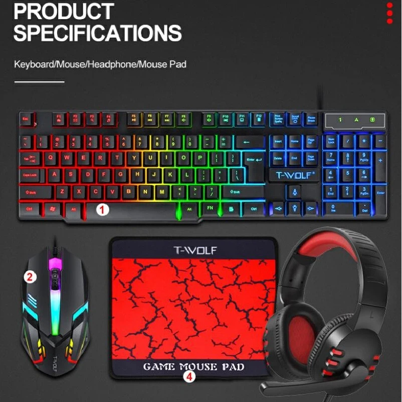 Gaming Keyboard And Mouse Combo - スペイン語・ロシア語キーボードレイアウト ゲーミングコンボ 4 in 1 RGBバックライトキーボード